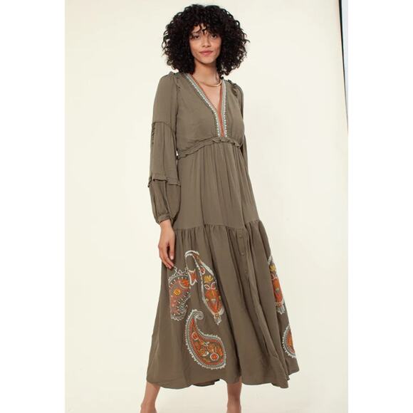 Hale Bob Josephine Embroidered Olive Green Maxi Dress | Size Small - Picture 1 of 9